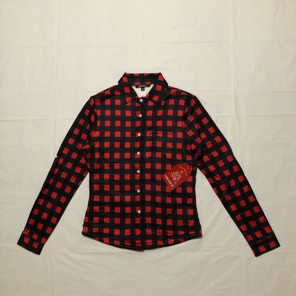 NWT Forever 21 Womens Long Sleeve Red & Black Buffalo Plaid Button-Down Shirt XS